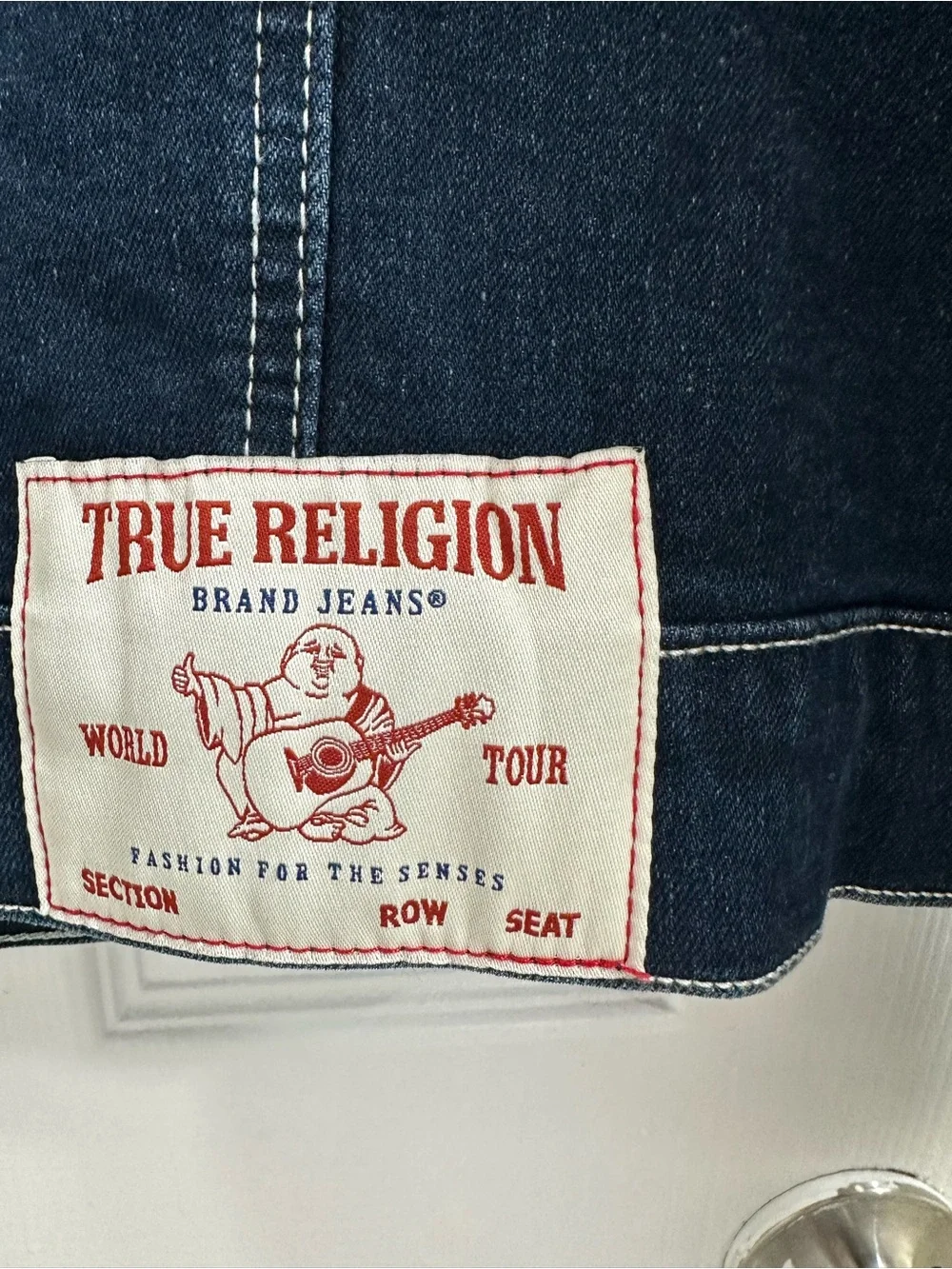 True Religion Denim Jacket Red Ladder Stitch Men’s siz M Dark Wash MSRP $184 New